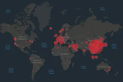 Map view of the COVID-19 dashboard provided by the Johns Hopkins University